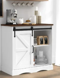 31.5 H Farmhouse Coffee Bar Cabinet w Storage White Kitchen Sideboard Buffet Cabinet with Sliding Barn Door Rustic Accent Conso